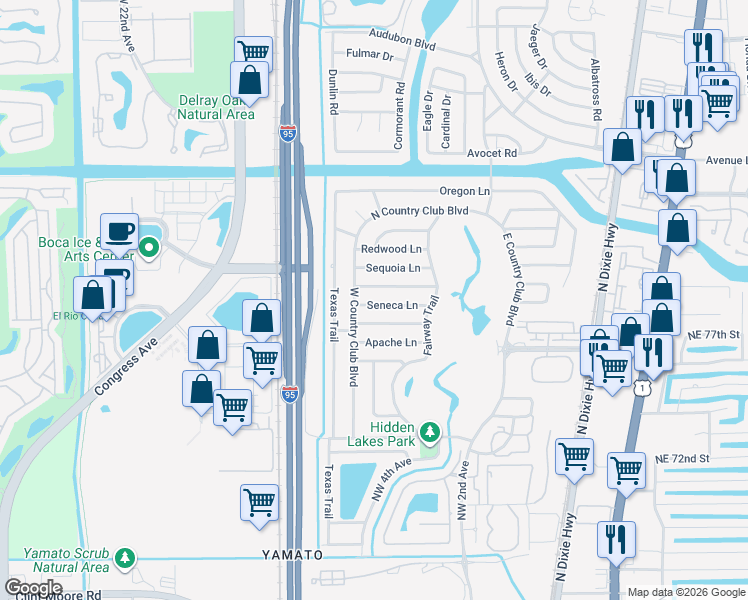 map of restaurants, bars, coffee shops, grocery stores, and more near 417 Seneca Lane in Boca Raton