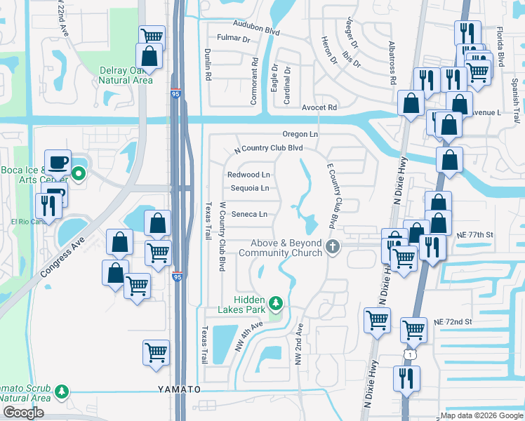 map of restaurants, bars, coffee shops, grocery stores, and more near 327 Seneca Lane in Boca Raton