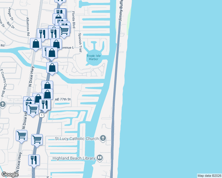 map of restaurants, bars, coffee shops, grocery stores, and more near 3100 South Ocean Boulevard in Highland Beach
