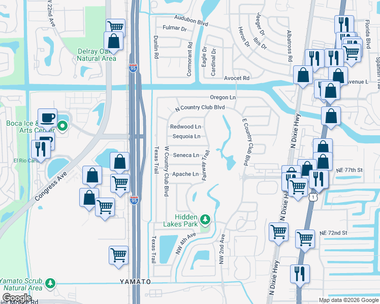 map of restaurants, bars, coffee shops, grocery stores, and more near 327 Seneca Lane in Boca Raton