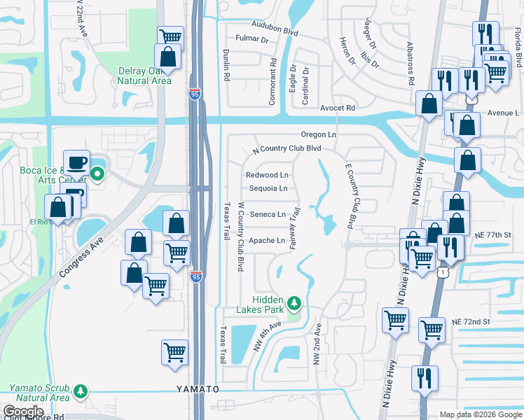 map of restaurants, bars, coffee shops, grocery stores, and more near 417 Seneca Lane in Boca Raton