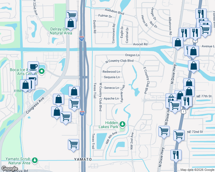 map of restaurants, bars, coffee shops, grocery stores, and more near 417 Seneca Lane in Boca Raton