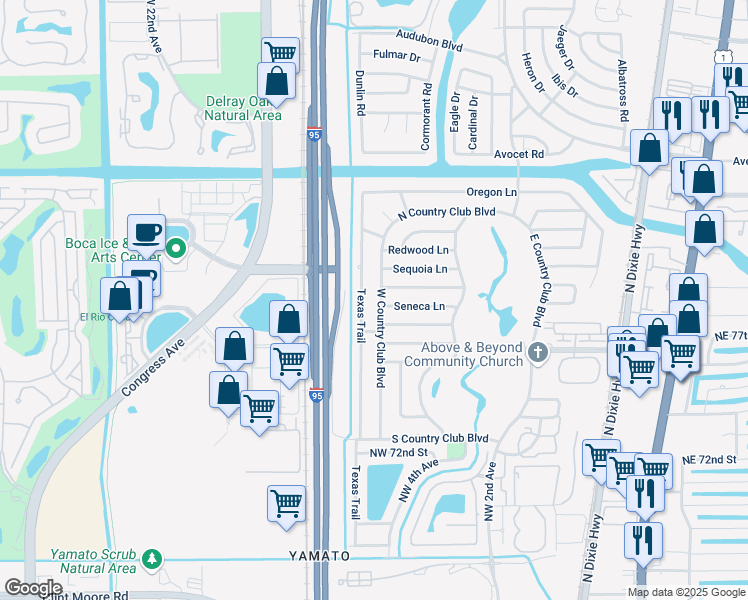 map of restaurants, bars, coffee shops, grocery stores, and more near 7750 Texas Trail in Boca Raton