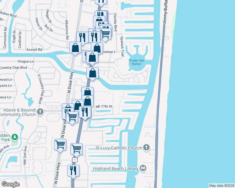 map of restaurants, bars, coffee shops, grocery stores, and more near 843 Northeast Mulberry Drive in Boca Raton