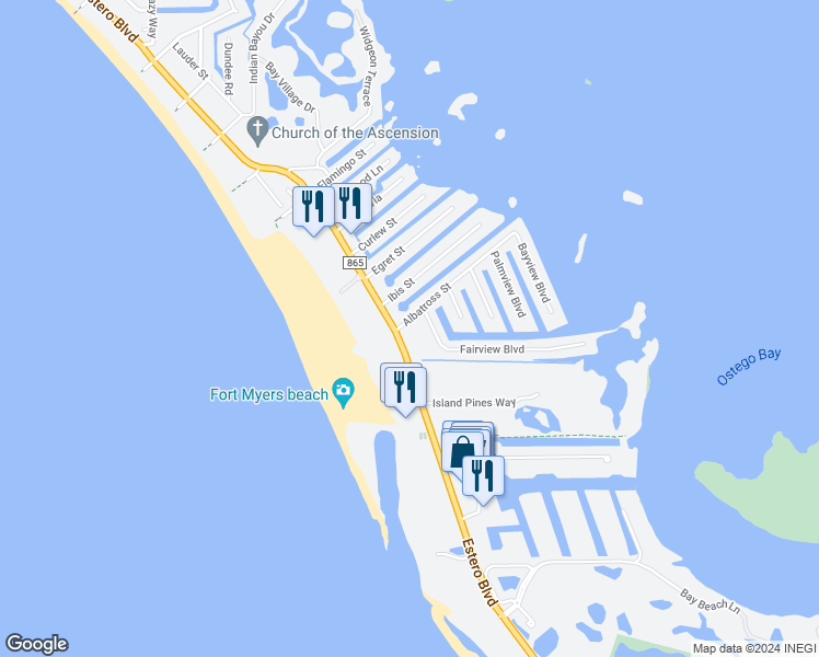 map of restaurants, bars, coffee shops, grocery stores, and more near 6645 Estero Boulevard in Fort Myers Beach