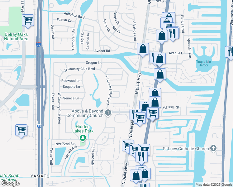 map of restaurants, bars, coffee shops, grocery stores, and more near 66 Palamino Circle in Boca Raton