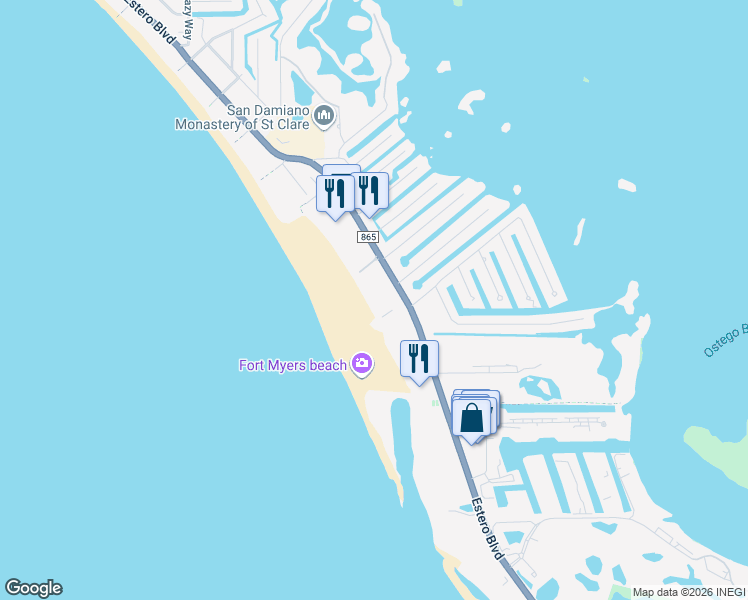 map of restaurants, bars, coffee shops, grocery stores, and more near 6610 Estero Boulevard in Fort Myers Beach