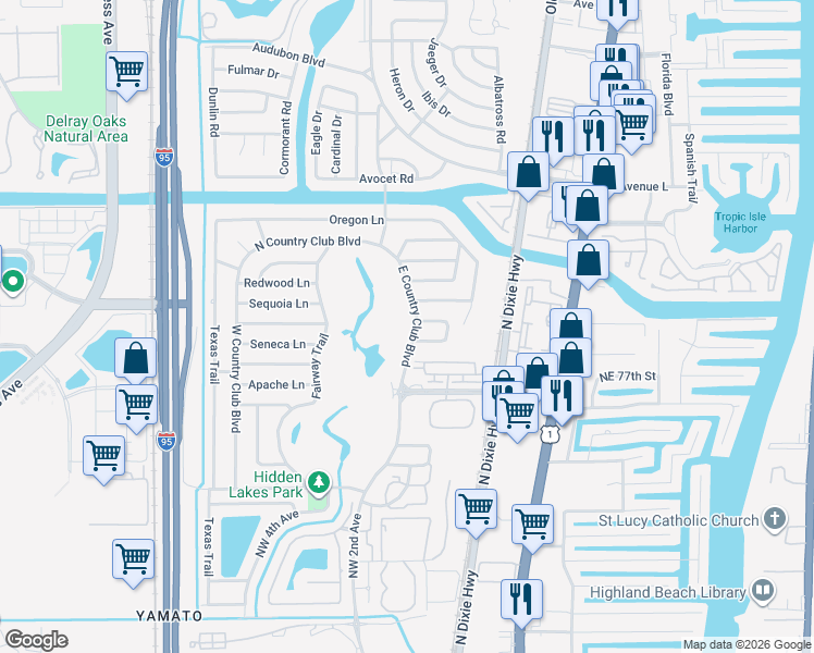 map of restaurants, bars, coffee shops, grocery stores, and more near 7699 East Country Club Boulevard in Boca Raton