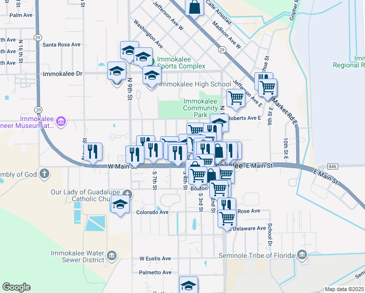 map of restaurants, bars, coffee shops, grocery stores, and more near 123 North 4th Street in Immokalee