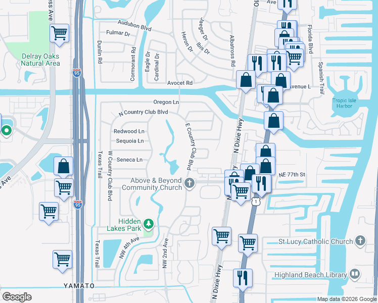 map of restaurants, bars, coffee shops, grocery stores, and more near 7699 East Country Club Boulevard in Boca Raton