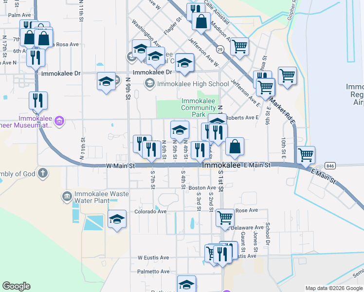 map of restaurants, bars, coffee shops, grocery stores, and more near 107 North 5th Street in Immokalee