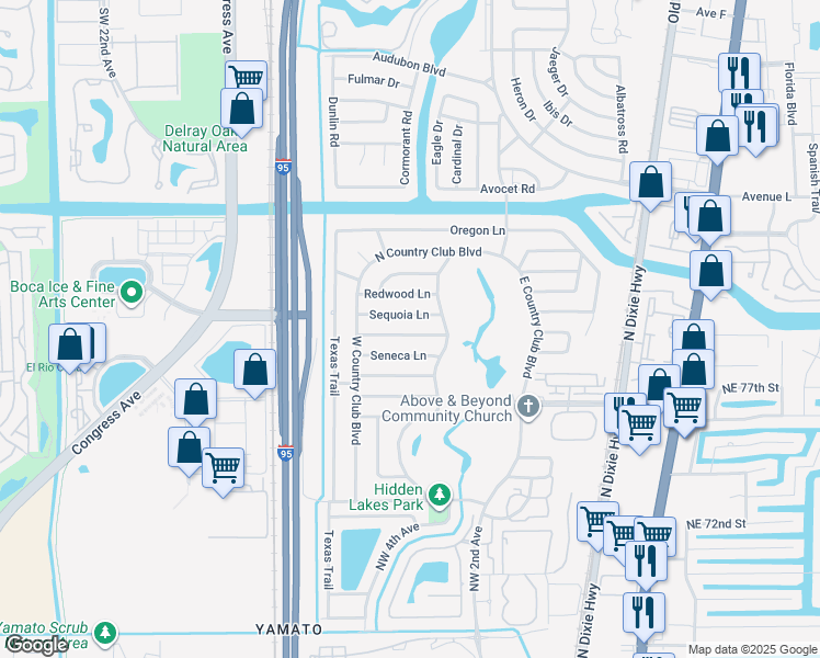 map of restaurants, bars, coffee shops, grocery stores, and more near 329 Sequoia Lane in Boca Raton