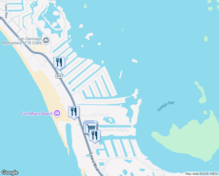 map of restaurants, bars, coffee shops, grocery stores, and more near 20 Bayview Boulevard in Fort Myers Beach