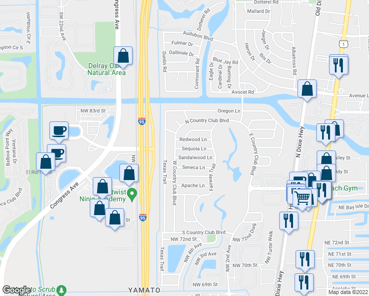 map of restaurants, bars, coffee shops, grocery stores, and more near 411 Sequoia Lane in Boca Raton