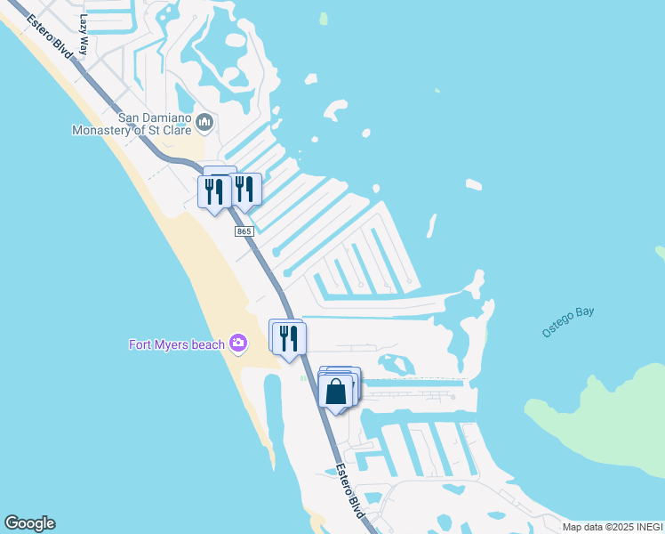 map of restaurants, bars, coffee shops, grocery stores, and more near 3 Clearview Boulevard in Fort Myers Beach