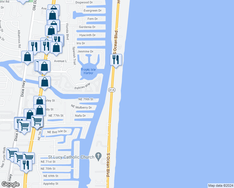 map of restaurants, bars, coffee shops, grocery stores, and more near 3009 South Ocean Boulevard in Highland Beach