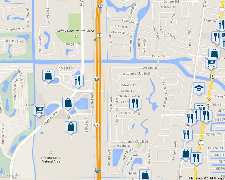 map of restaurants, bars, coffee shops, grocery stores, and more near 7944 Texas Trail in Boca Raton