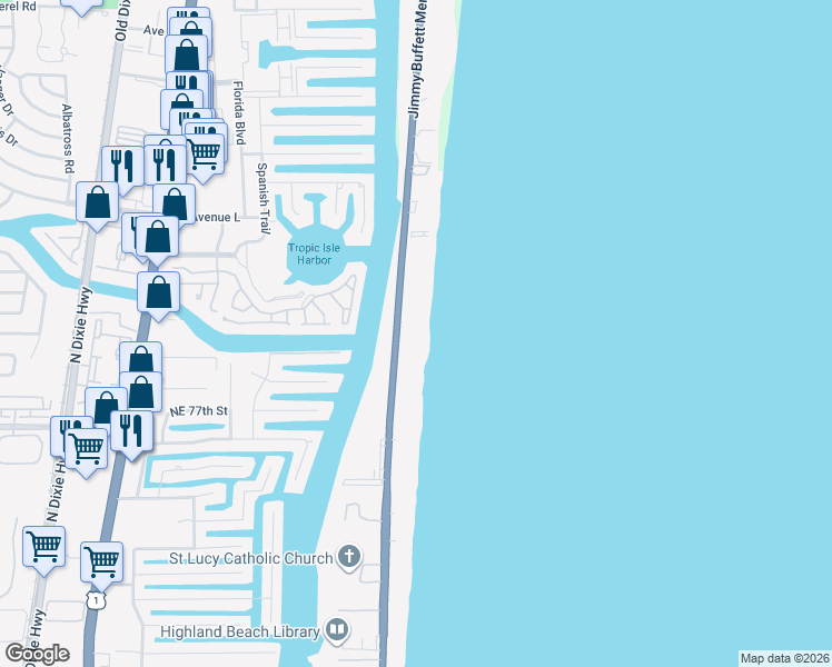 map of restaurants, bars, coffee shops, grocery stores, and more near 3009 South Ocean Boulevard in Highland Beach