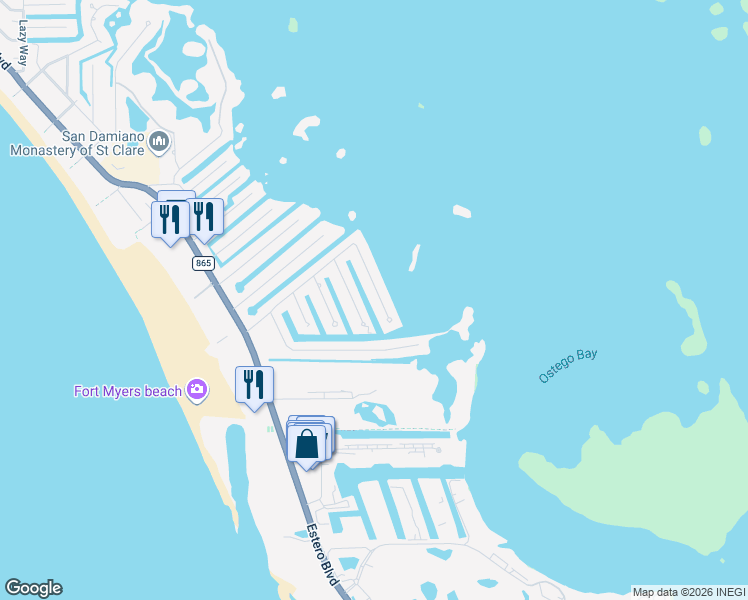 map of restaurants, bars, coffee shops, grocery stores, and more near 20 Bayview Boulevard in Fort Myers Beach