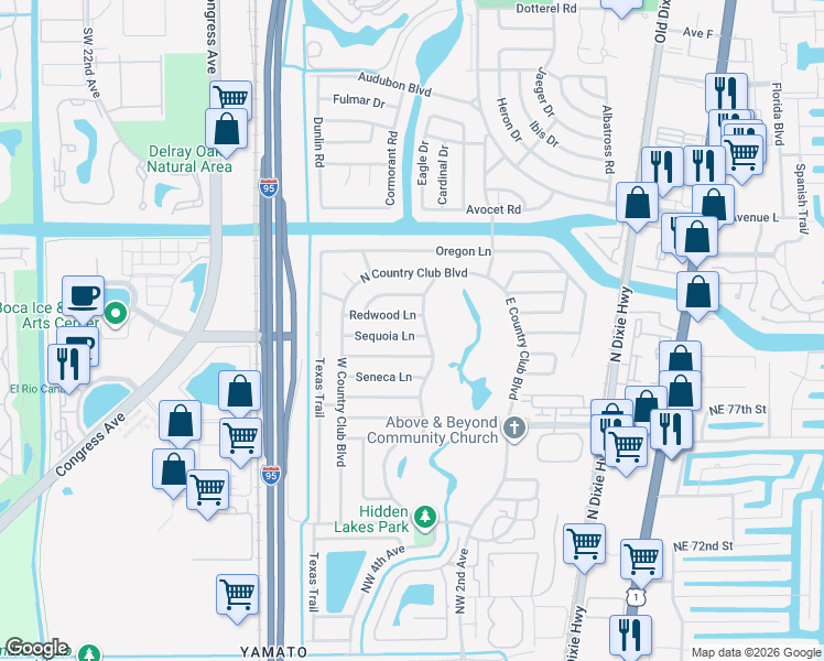 map of restaurants, bars, coffee shops, grocery stores, and more near 329 Sequoia Lane in Boca Raton