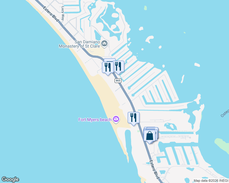 map of restaurants, bars, coffee shops, grocery stores, and more near 6500 Estero Boulevard in Fort Myers Beach