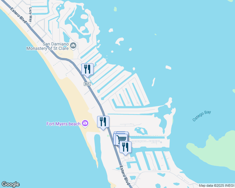 map of restaurants, bars, coffee shops, grocery stores, and more near 3 Clearview Boulevard in Fort Myers Beach