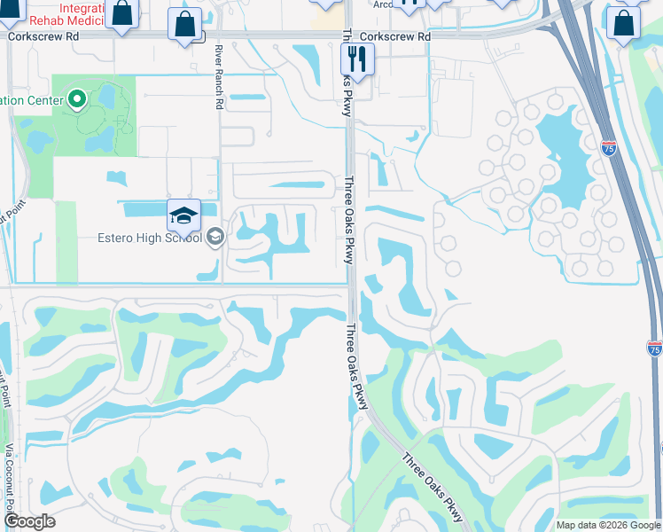 map of restaurants, bars, coffee shops, grocery stores, and more near 21750 3 Oaks Pkwy in Estero