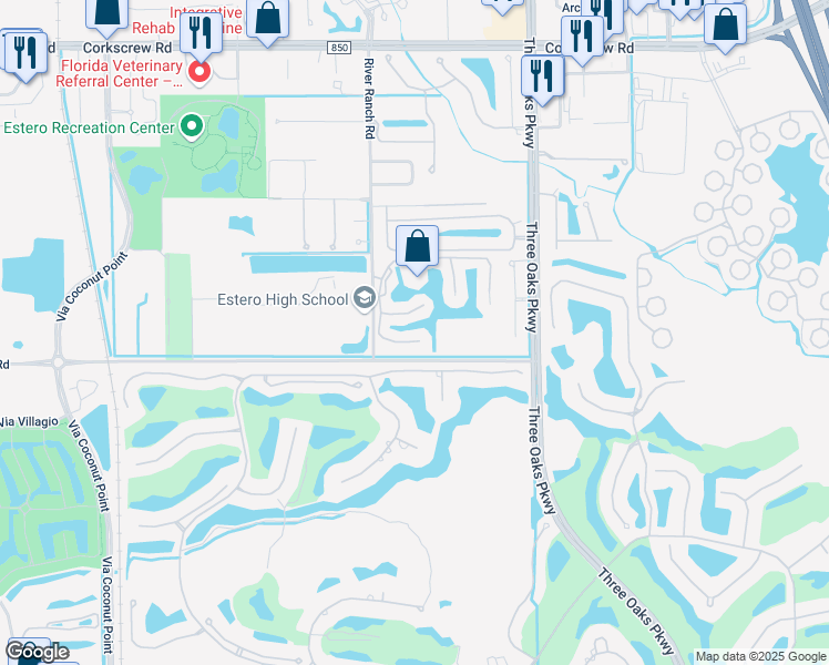 map of restaurants, bars, coffee shops, grocery stores, and more near 9646 Springlake Circle in Estero