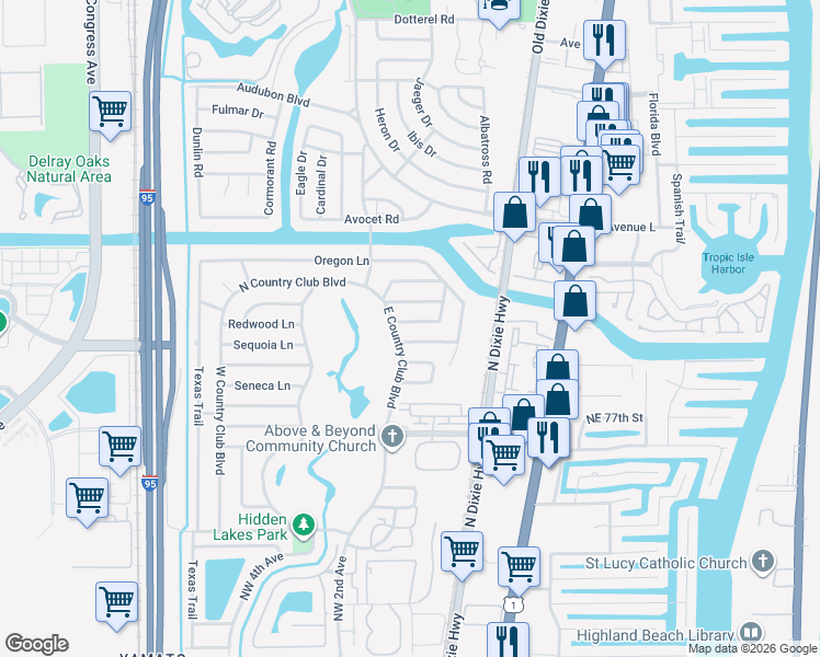 map of restaurants, bars, coffee shops, grocery stores, and more near 7901 East Country Club Boulevard in Boca Raton