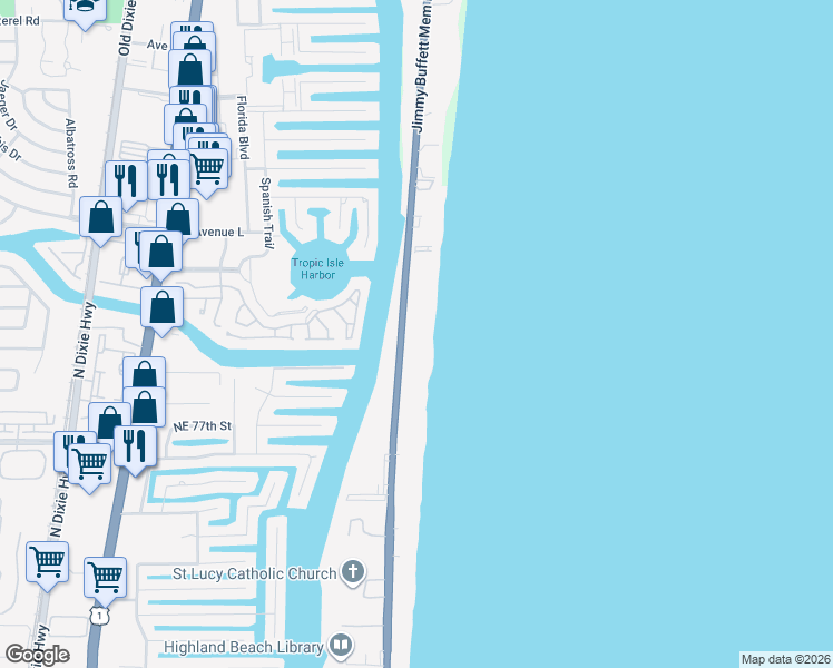 map of restaurants, bars, coffee shops, grocery stores, and more near 3009 South Ocean Boulevard in Highland Beach