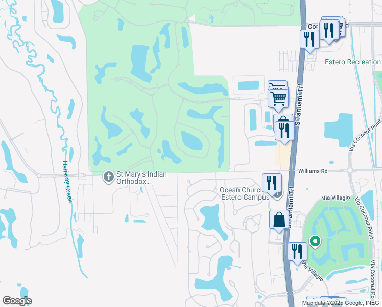 map of restaurants, bars, coffee shops, grocery stores, and more near 21804 Masters Circle in Estero