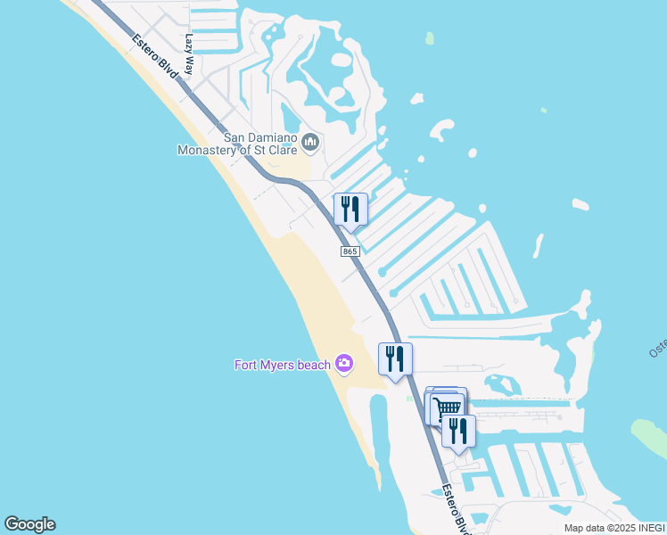 map of restaurants, bars, coffee shops, grocery stores, and more near 6400 Estero Boulevard in Fort Myers Beach