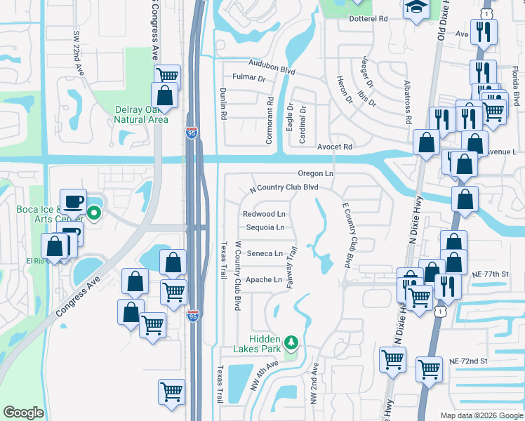 map of restaurants, bars, coffee shops, grocery stores, and more near 418 North Country Club Boulevard in Boca Raton