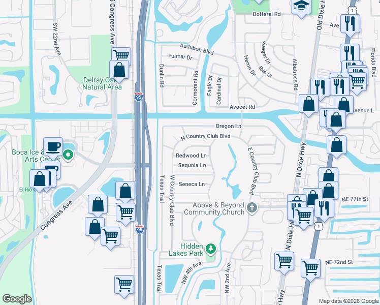 map of restaurants, bars, coffee shops, grocery stores, and more near 418 North Country Club Boulevard in Boca Raton