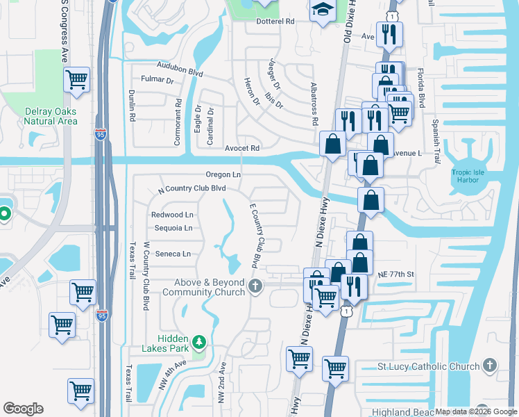 map of restaurants, bars, coffee shops, grocery stores, and more near 151 Seminole Lane in Boca Raton