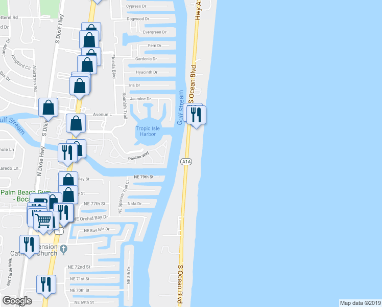 map of restaurants, bars, coffee shops, grocery stores, and more near 2912 South Ocean Boulevard in Highland Beach