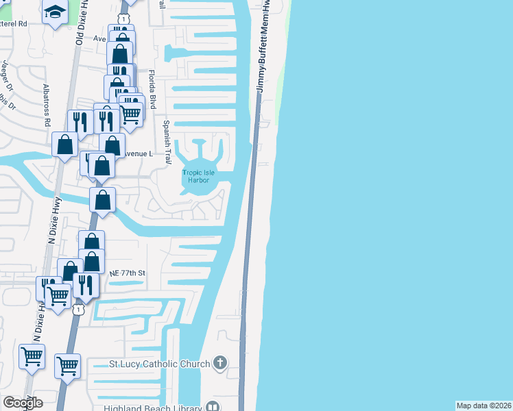 map of restaurants, bars, coffee shops, grocery stores, and more near 2912 South Ocean Boulevard in Highland Beach