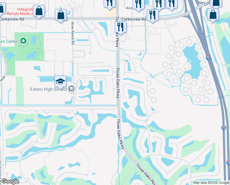 map of restaurants, bars, coffee shops, grocery stores, and more near 21750 3 Oaks Parkway in Estero