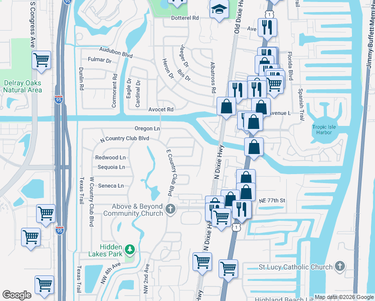 map of restaurants, bars, coffee shops, grocery stores, and more near 97 Seminole Lane in Boca Raton