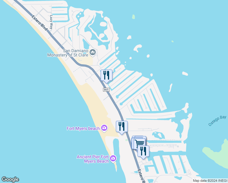 map of restaurants, bars, coffee shops, grocery stores, and more near 121 Egret Street in Fort Myers Beach