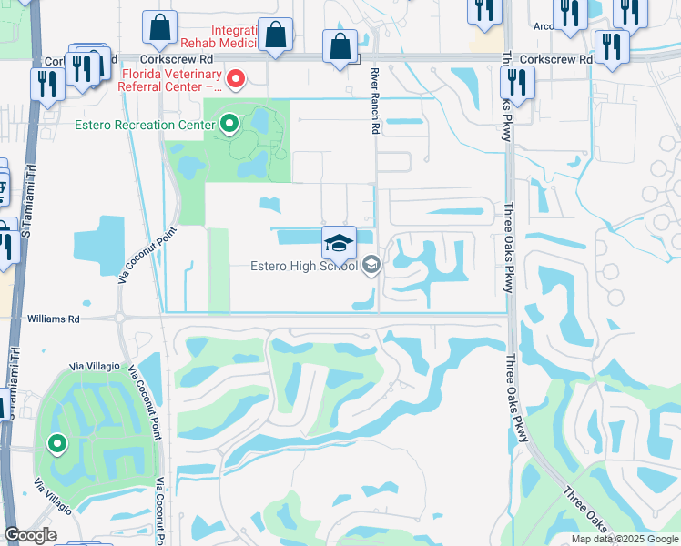 map of restaurants, bars, coffee shops, grocery stores, and more near 21900 River Ranch Road in Estero