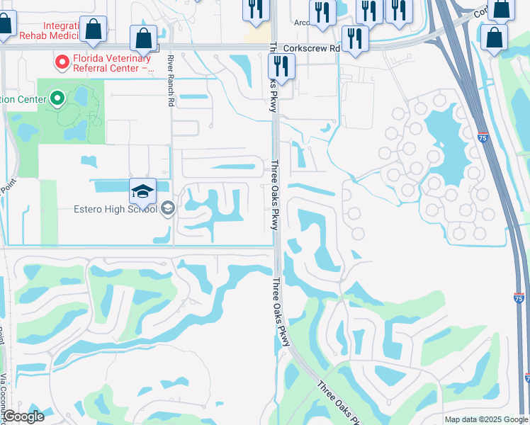 map of restaurants, bars, coffee shops, grocery stores, and more near 21750 3 Oaks Parkway in Estero