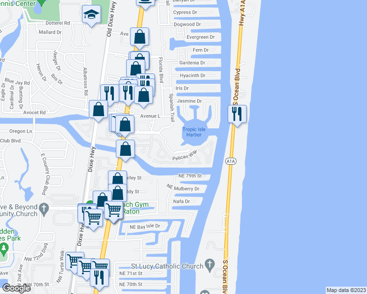 map of restaurants, bars, coffee shops, grocery stores, and more near 951 Spanish Circle in Delray Beach