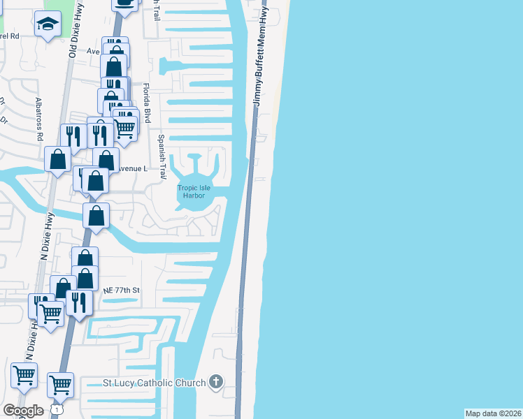 map of restaurants, bars, coffee shops, grocery stores, and more near 2909 South Ocean Boulevard in Highland Beach