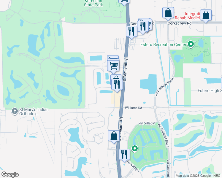 map of restaurants, bars, coffee shops, grocery stores, and more near 3501 Cherry Blossom Court in Estero