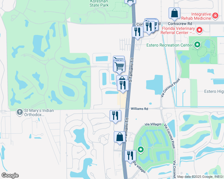 map of restaurants, bars, coffee shops, grocery stores, and more near 3521 Cherry Blossom Court in Estero