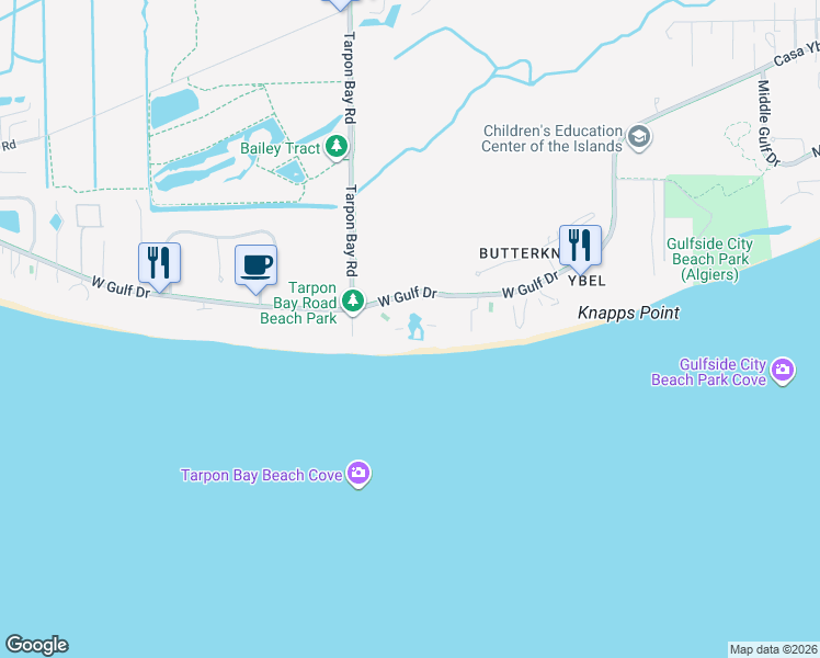 map of restaurants, bars, coffee shops, grocery stores, and more near 2445 West Gulf Drive in Sanibel
