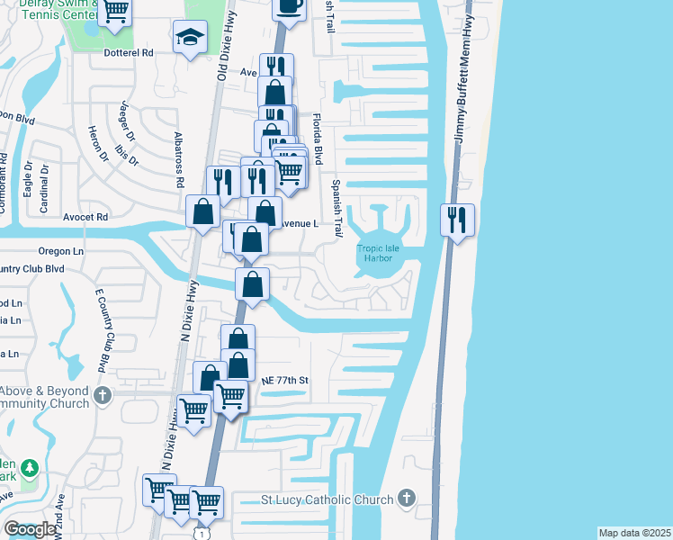 map of restaurants, bars, coffee shops, grocery stores, and more near 3421 Spanish Trail in Delray Beach