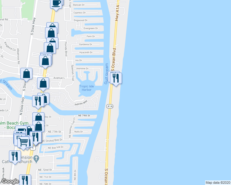 map of restaurants, bars, coffee shops, grocery stores, and more near 2912 South Ocean Boulevard in Highland Beach