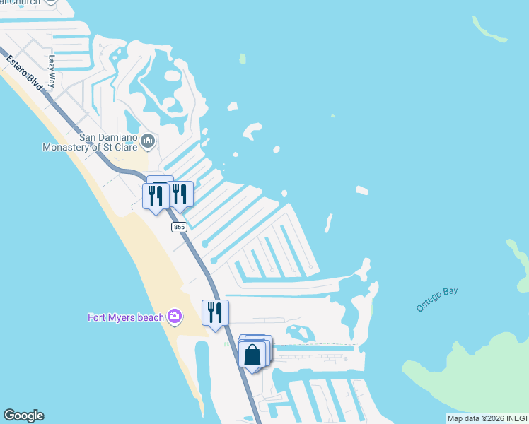 map of restaurants, bars, coffee shops, grocery stores, and more near 270 Ibis Street in Fort Myers Beach